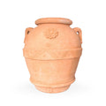 Stor bruntonet terracottakrukke med avrundet form, to håndtak, dekorert blomsterornament og mønstret bånd rundt midten.